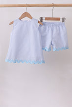 Blue Seersucker Stripe Scalloped Shorts Set