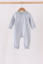 Sage turkey embroidery ruffle stripe romper