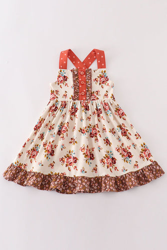 Platinum rust floral print apron ruffle dress - ARIA KIDS