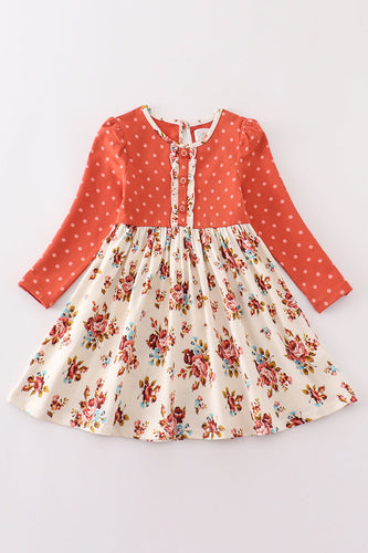Platinum rust floral dot button dress - ARIA KIDS