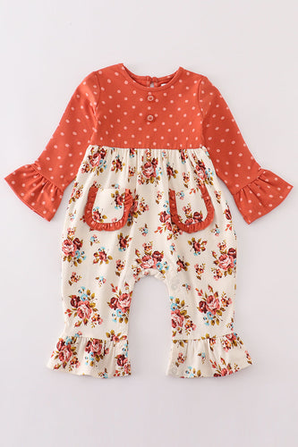Platinum rust floral dot pocket girl romper - ARIA KIDS