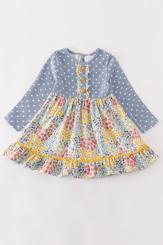 Platinum Blue floral print dot dress - ARIA KIDS