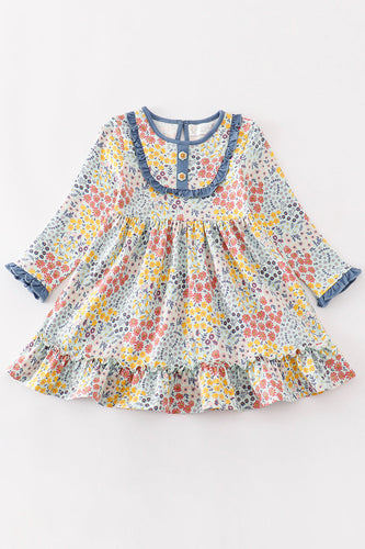 Platinum Blue floral print ruffle dress - ARIA KIDS