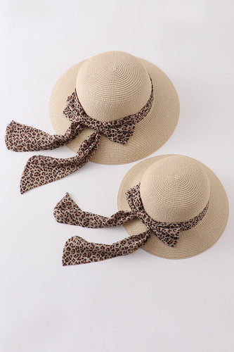 Cream leopard silk ribbon straw hat mommy&me - ARIA KIDS