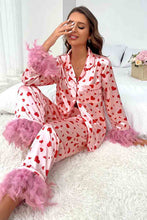 Pink valentine's day heart print fur trim pajamas set for Women - ARIA KIDS