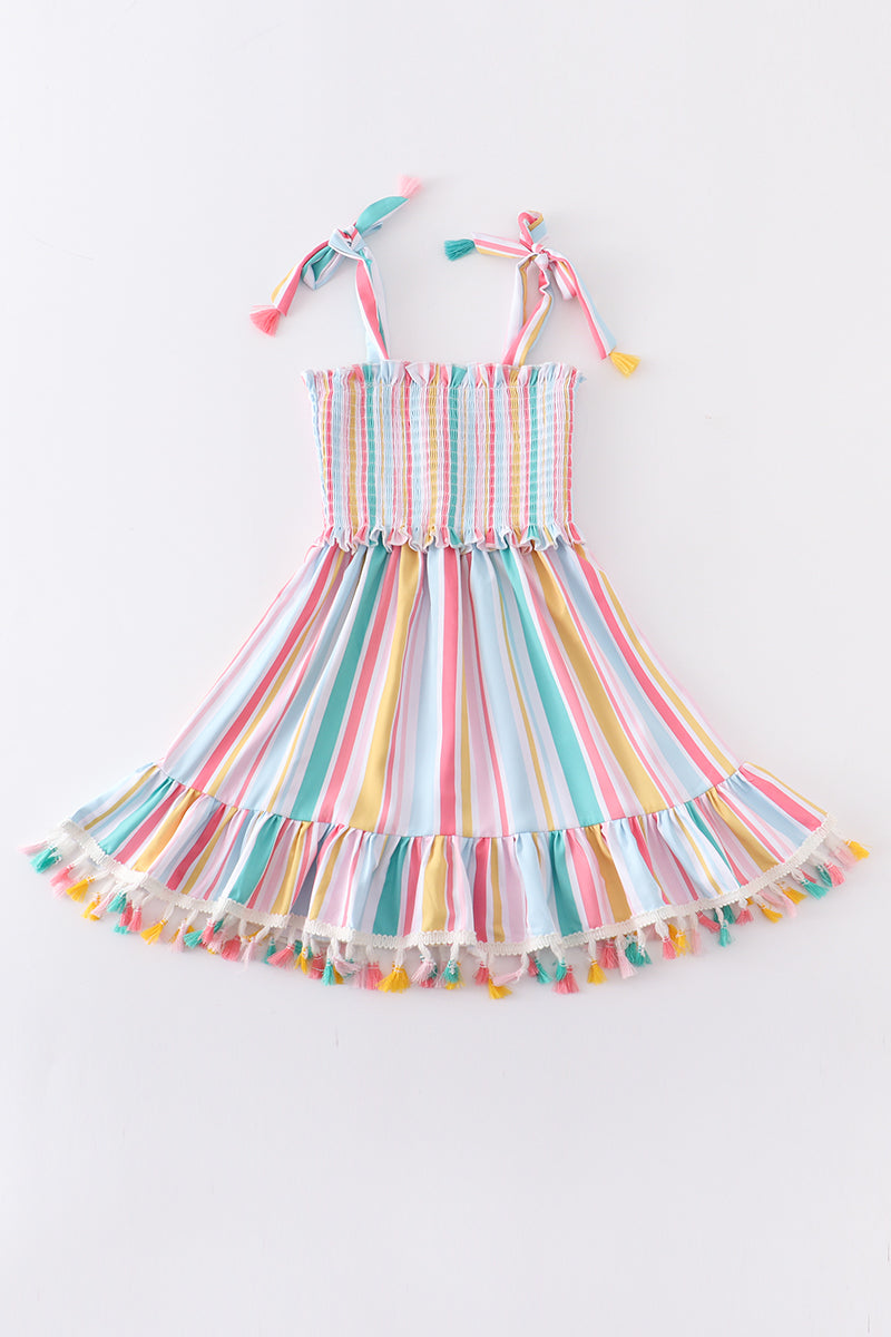 Multicolored stripe tassel smocked dress - ARIA KIDS