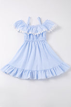 Blue stripe pom pom ruffle dress