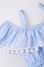 Blue stripe pom pom ruffle dress