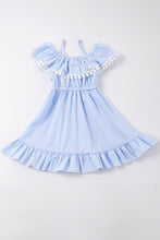Blue stripe pom pom ruffle dress