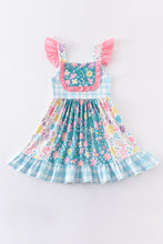 Blue plaid floral print ruffle dress - ARIA KIDS