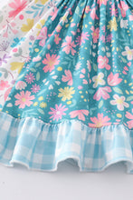 Blue plaid floral print ruffle dress - ARIA KIDS