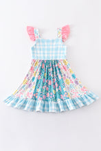 Blue plaid floral print ruffle dress - ARIA KIDS