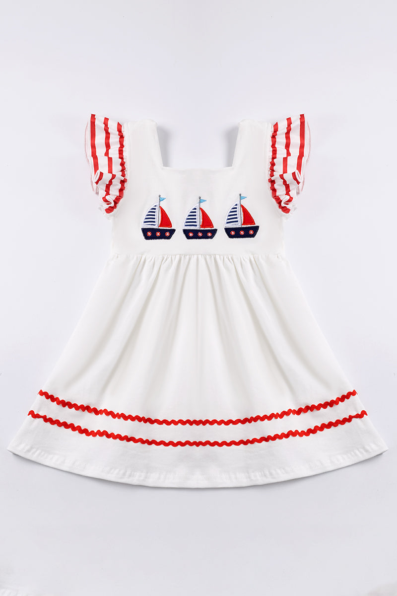 White sailing boat applique ruffle dress