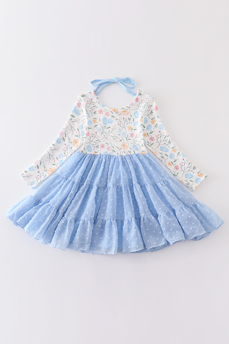Blue swiss dot floral print dress - ARIA KIDS