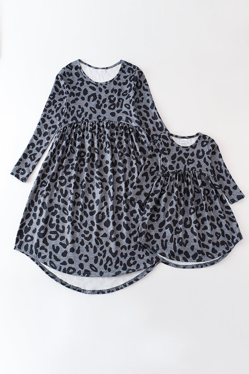 Grey leopard print girl dress mommy & me - ARIA KIDS