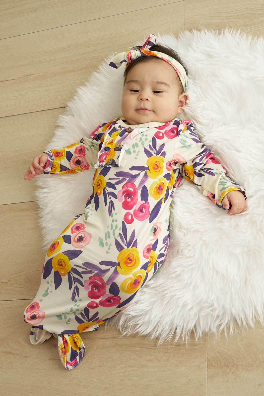 Floral print hairband bamboo baby gown - ARIA KIDS