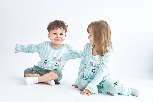 Truck and dog applique stripe boy top