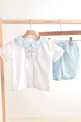 Blue easter cross hand-smocked boy set - ARIA KIDS