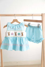 Blue easter bunny egg french knot girl gingham seersucker set - ARIA KIDS