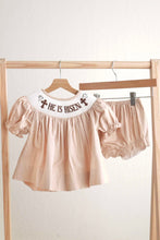 Khaki he is risen hand-smocked girl bloomer set - ARIA KIDS