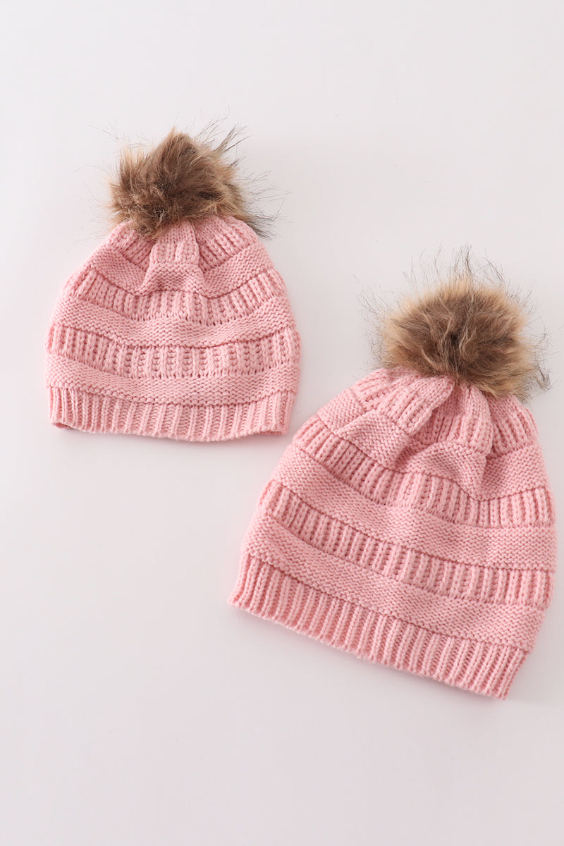Pink pompom cable beanie hat - ARIA KIDS