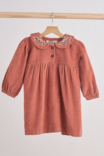 Rust floral embroidery velveteen girl dress - ARIA KIDS