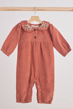 Rust floral embroidery velveteen girl romper - ARIA KIDS