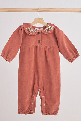 Rust floral embroidery velveteen girl romper - ARIA KIDS