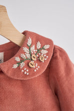 Rust floral embroidery velveteen girl romper - ARIA KIDS