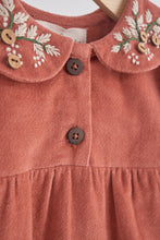 Rust floral embroidery velveteen girl romper - ARIA KIDS