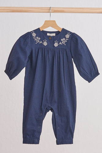 Navy floral embroidery linen girl romper - ARIA KIDS