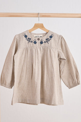 Gray floral embroidery linen girl dress - ARIA KIDS