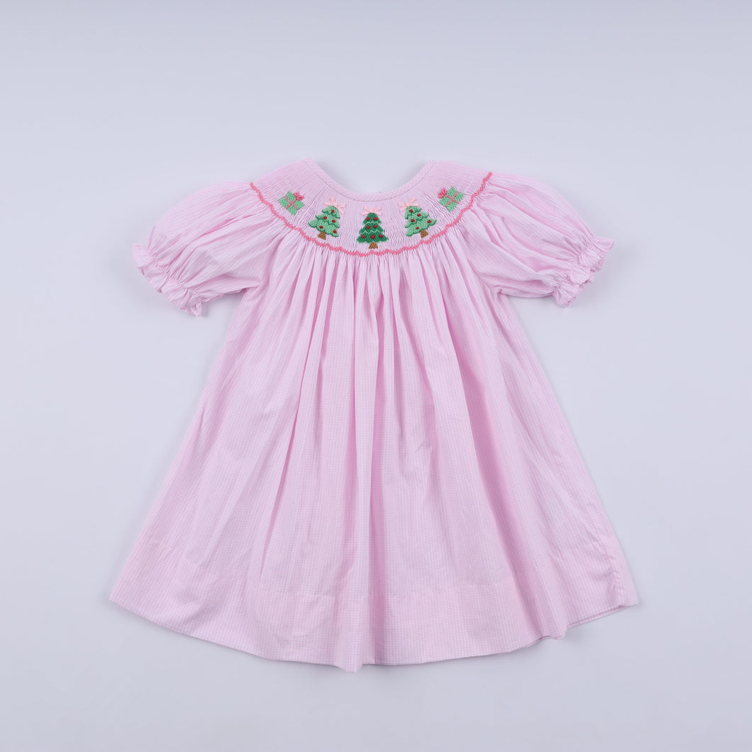 Pink christmas tree hand smocked dress - ARIA KIDS