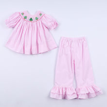 Pink christmas tree hand smocked ruffle pants set - ARIA KIDS