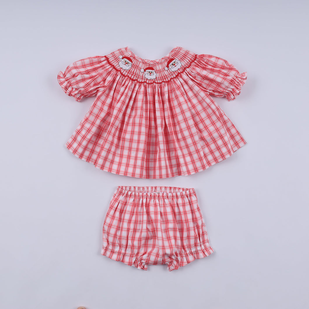 Red christmas santa claus hand smocked plaid bloomer set - ARIA KIDS