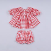 Red christmas santa claus hand smocked plaid bloomer set - ARIA KIDS