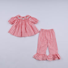 Red christmas santa claus hand smocked plaid ruffle pants set - ARIA KIDS
