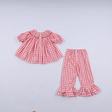 Red christmas santa claus hand smocked plaid ruffle pants set - ARIA KIDS