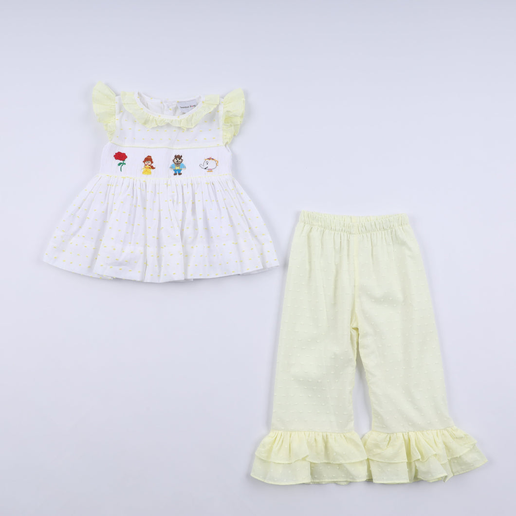 Mustard character hand smocked ruffle pants set - ARIA KIDS