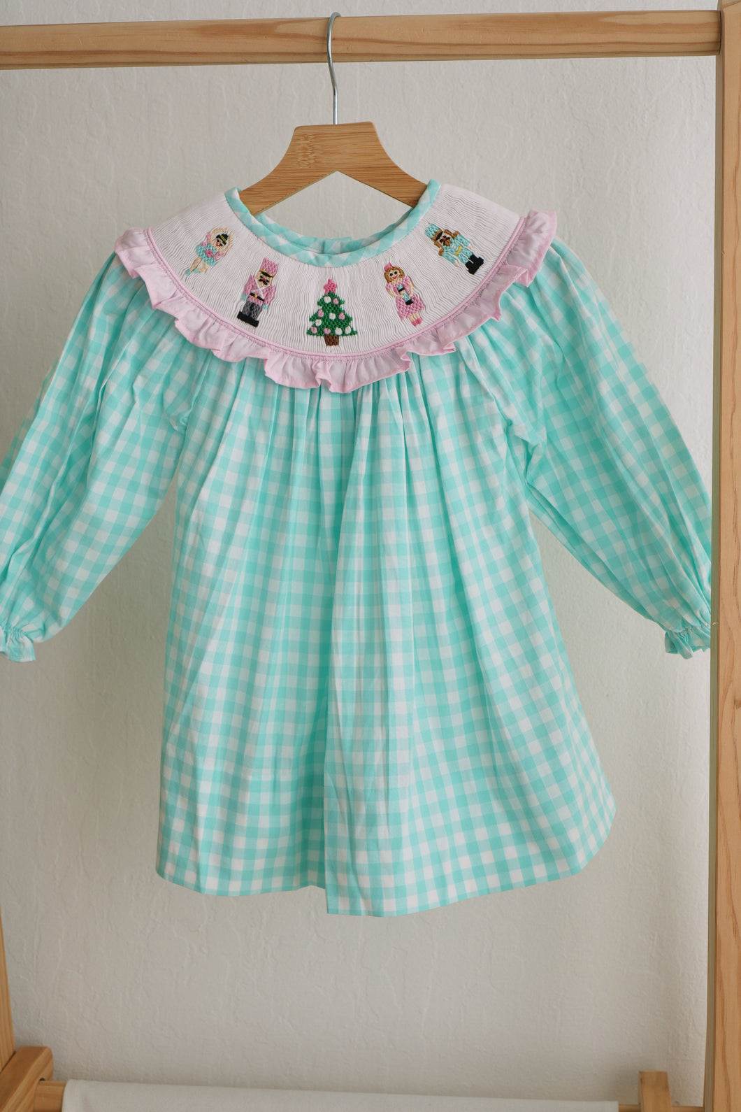 Mint christmas nutcracker hand smocked gingham dress - ARIA KIDS
