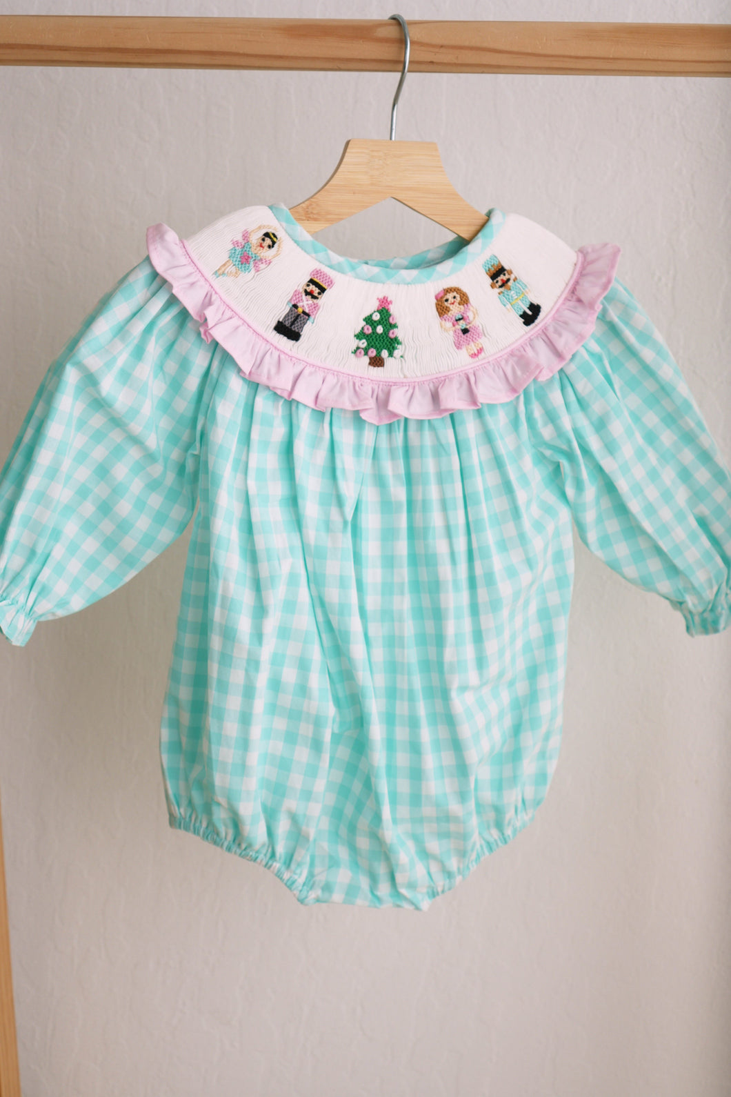 Mint christmas nutcracker hand smocked gingham bubble - ARIA KIDS