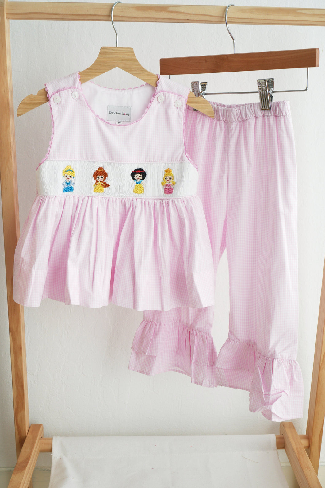 Pink princess hand smocked plaid ruffle pants set - ARIA KIDS