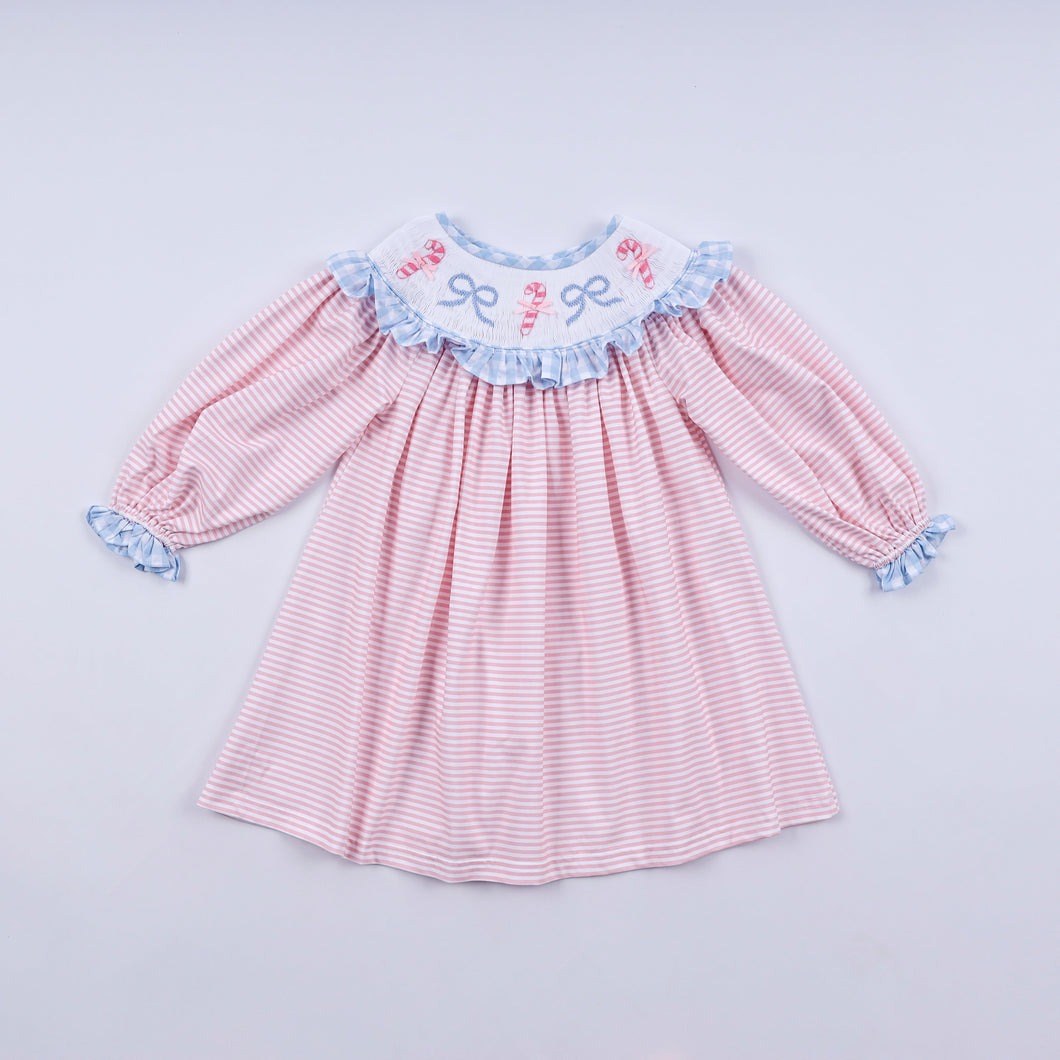 Pink candy cane bow hand smocked ruffle dress - ARIA KIDS
