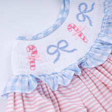 Pink candy cane bow hand smocked ruffle dress - ARIA KIDS