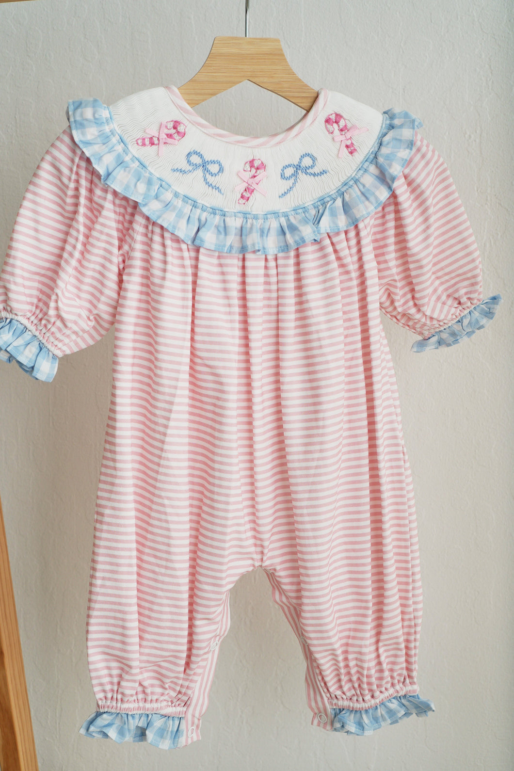 Pink candy cane bow hand smocked ruffle romper - ARIA KIDS