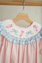 Pink candy cane bow hand smocked ruffle romper - ARIA KIDS