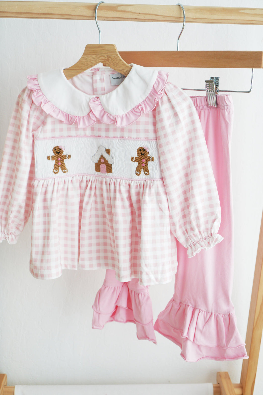 Pink gingerbread hand smocked gingham ruffle pants set - ARIA KIDS