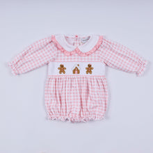 Pink gingerbread hand smocked gingham ruffle bubble - ARIA KIDS