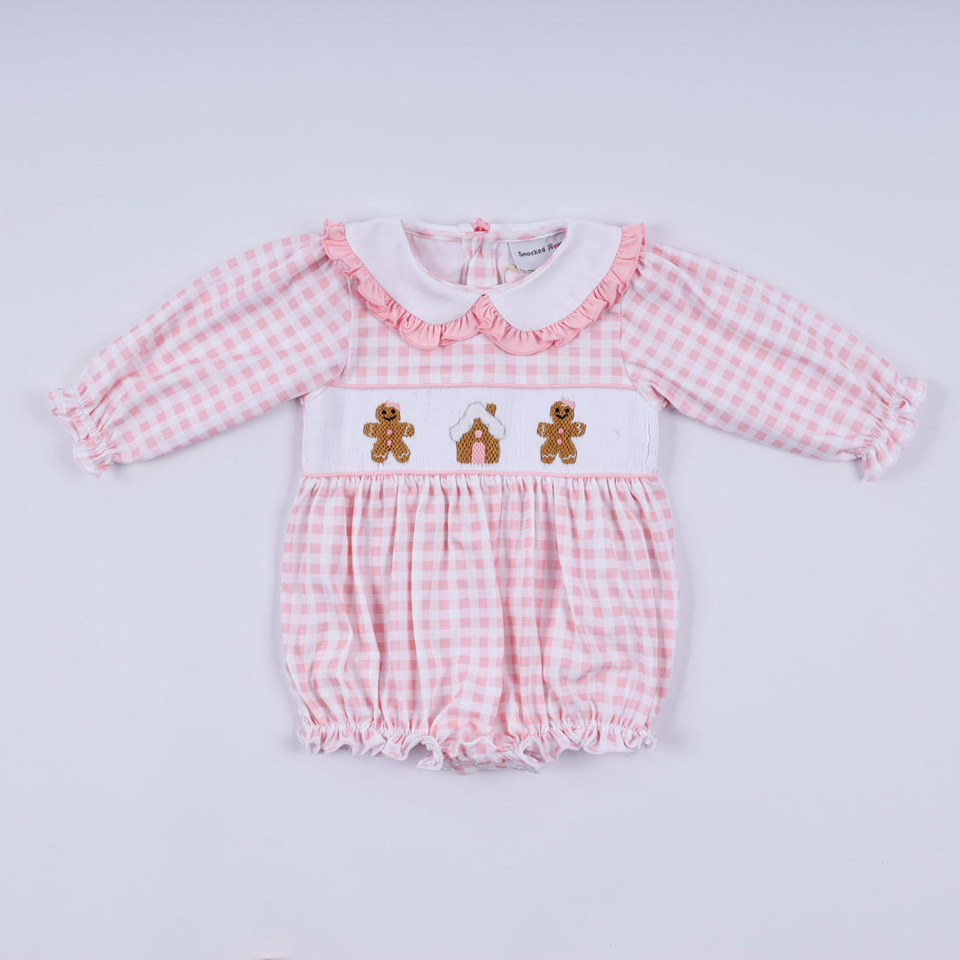 Pink gingerbread hand smocked gingham ruffle bubble - ARIA KIDS