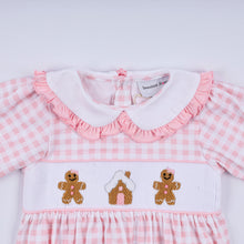 Pink gingerbread hand smocked gingham ruffle bubble - ARIA KIDS
